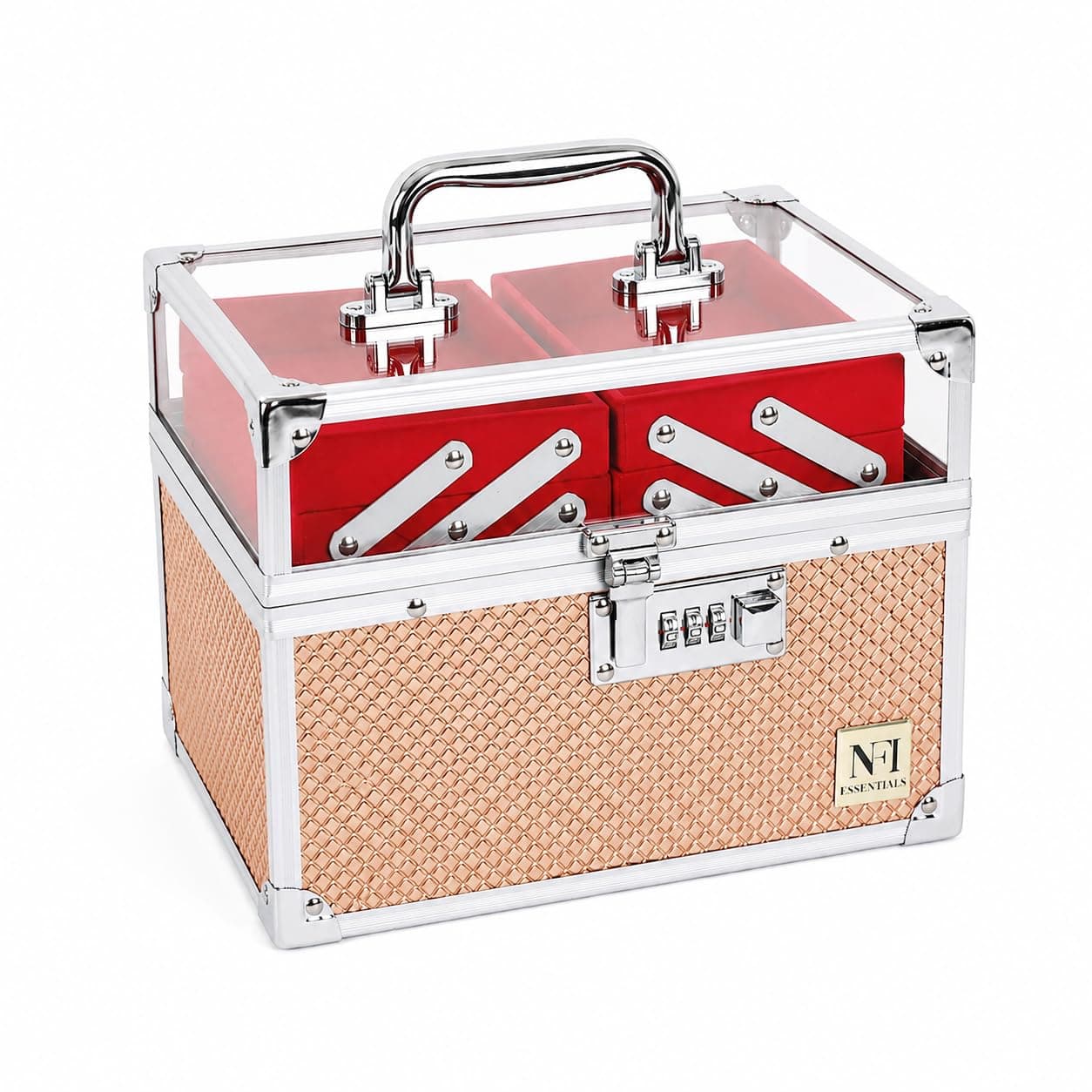 NFI essentials Makeup Organizer Box for Women, Bridal Makeup Case for Jewellery,Cosmetics & Bridal Essentials, with Lock and Multi-Layer Storage Trays Portable Vanity Box