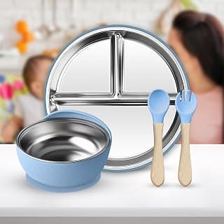 Inferno Stainless Steel Toddler Feeding Combo Set – Blue | Baby Bowl, Plate, Fork & Spoon | Durable, BPA-Free, Non-Slip Kids Dinner Set