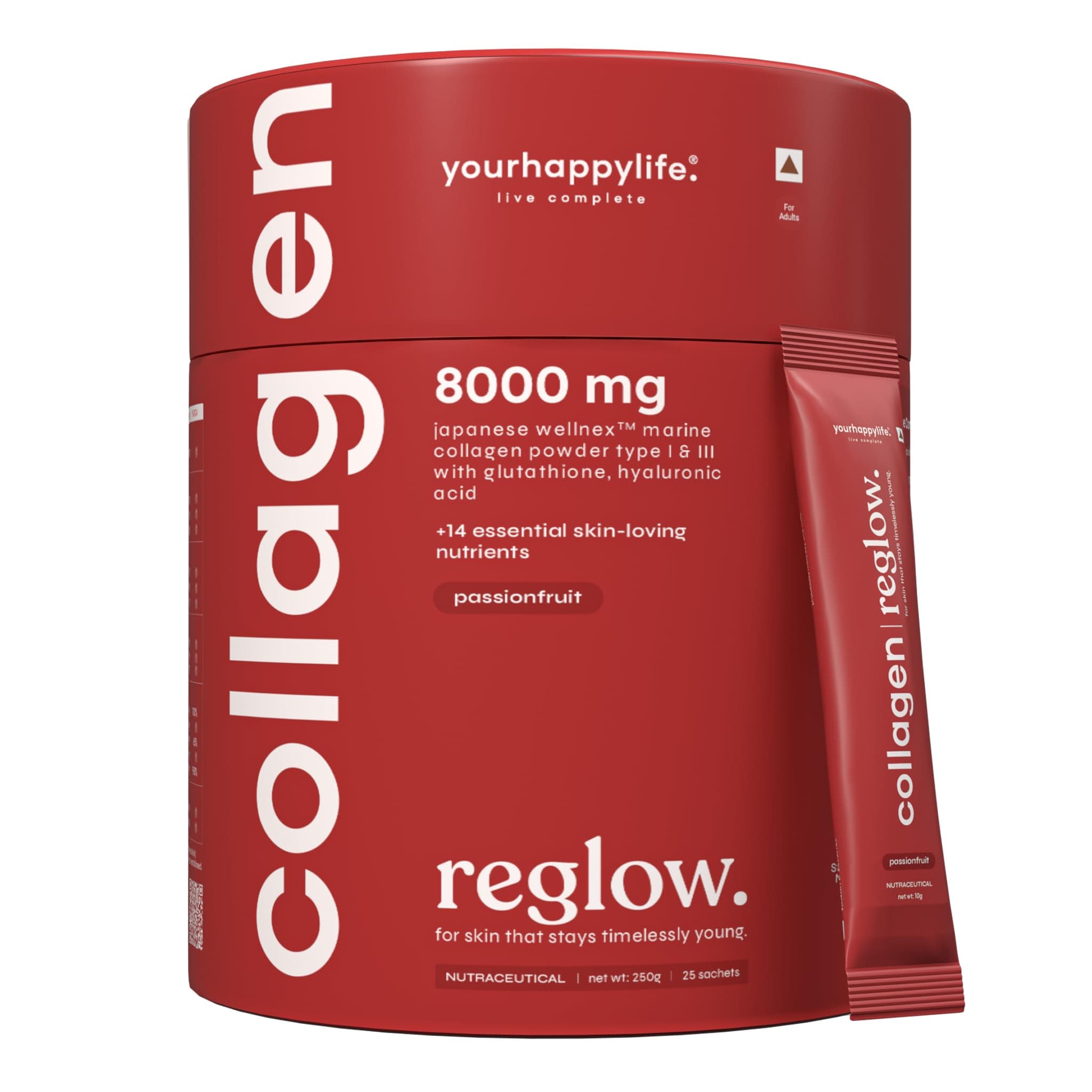 YourHappyLife Reglow 8000mg Wellnex Marine Collagen Peptide Supplement Powder For Women & Men| Type 1 & 3 For Healthy Skin, Hair & Nails |Glutathione, NAC, Biotin, Hyaluronic Acid -250gm, Passionfruit