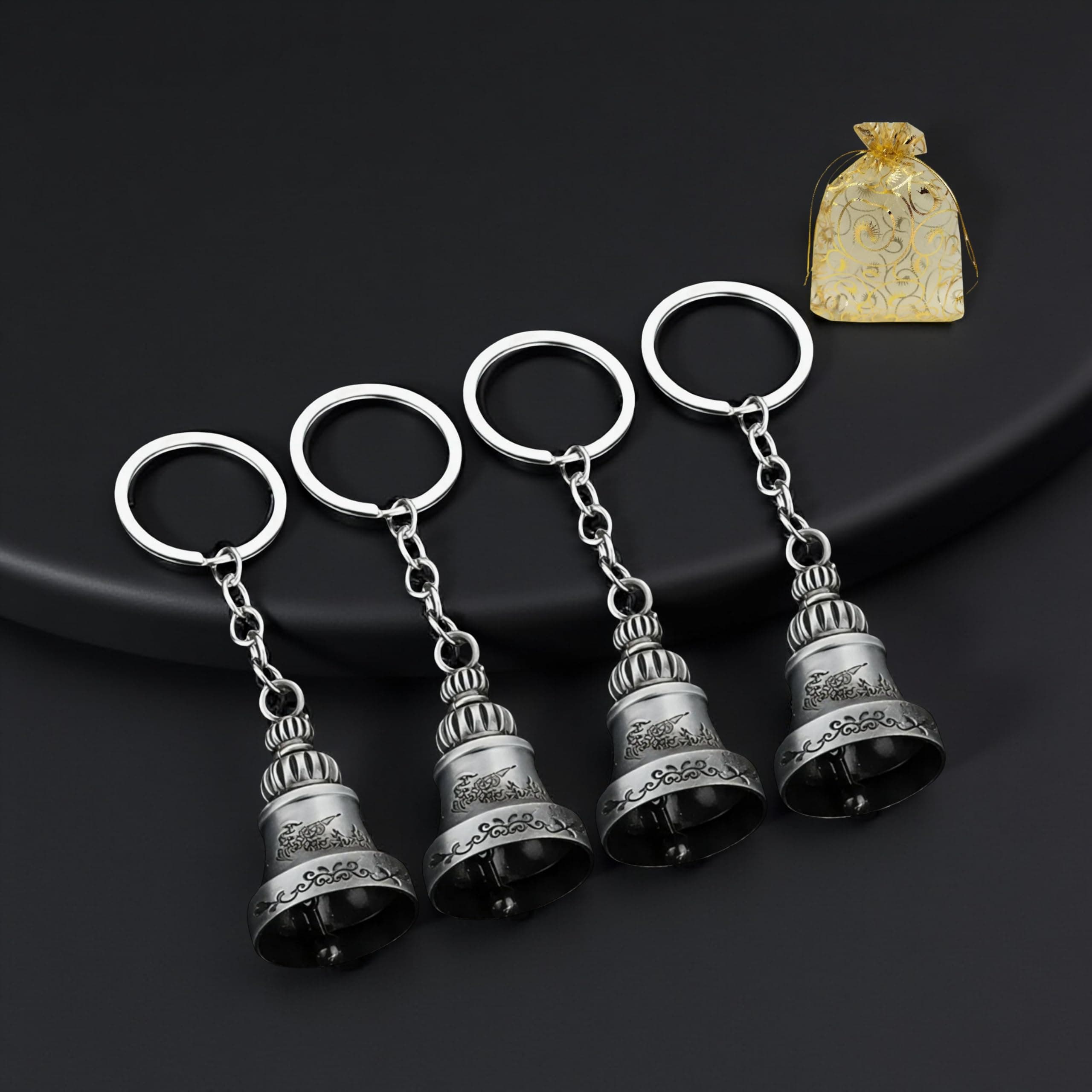 AEROSTARK Combo of 4 Guardian Bell For Bike Keychain | Good Luck Charm for Bike, Car, Home | Tibetan Style Antique Copper Key Chain for Positive Energy & Protection | Combo of 4 Silver Guardian Bell