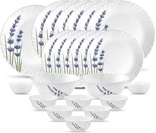 La Opala Novo Collection Opal Glass Crockery | for Family of 6 | Dinner Set 23 pcs English Lavender | Plates & Bowls for Dining | Microwave Safe | 100% Vegetarian | Extra Strong | Light & White