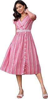 Majesta Women's Stylish Cotton Midi Dress | Vertical Striped Fit & Flare Dress with Embroidered Belt | Western Style Dress for Office & Casual Wear