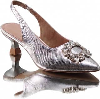 Aviva style Women's Silver Crystal Embellished Slingback Pumps | Pointed Toe Metallic Kitten Heel Shoes for Wedding, Reception