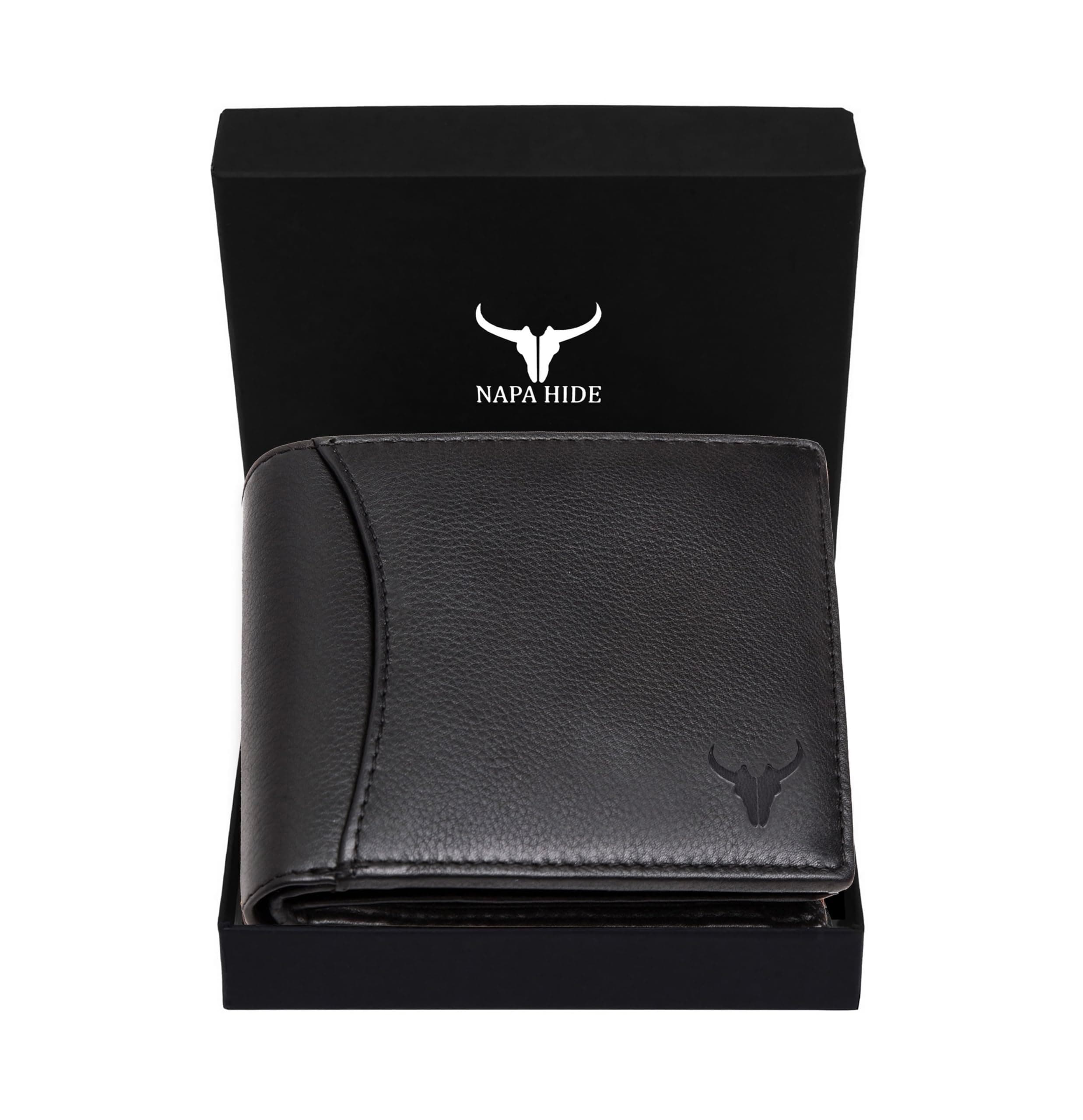 NAPA HIDE Black Leather Wallet for Men I 2 Secret Compartments I 6 Credit/Debit Card Slots I 2 Currency Compartments I 3 Transparent ID Windows I 1 Coin & Zip Pocket