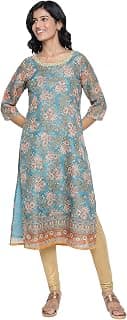 Aurelia Women's Blue Botanical Printed Dori Embroidery Straight Kota Kurta