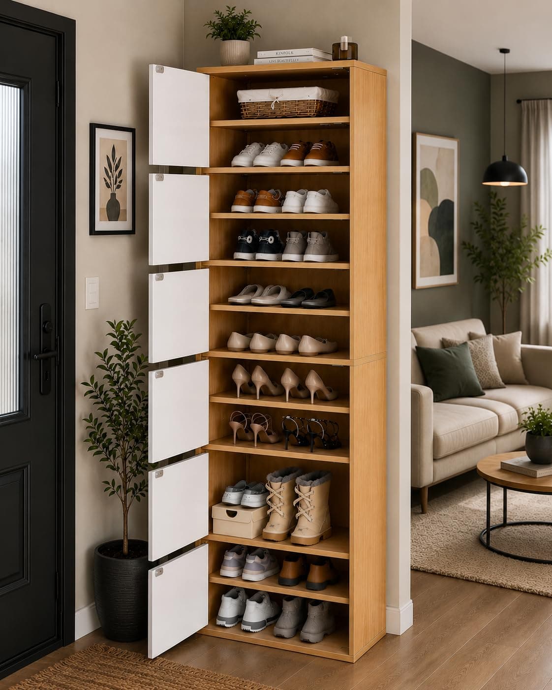 EXVITO Modern Tall Shoe Cabinet, Wooden Flip Door Shoe Storage Cabinet, 6-Door Narrow Entryway Shoe Organizer with Multi-Tier Shelves, Space Saving Shoe Rack for Hallway, Apartment & Home - Maple