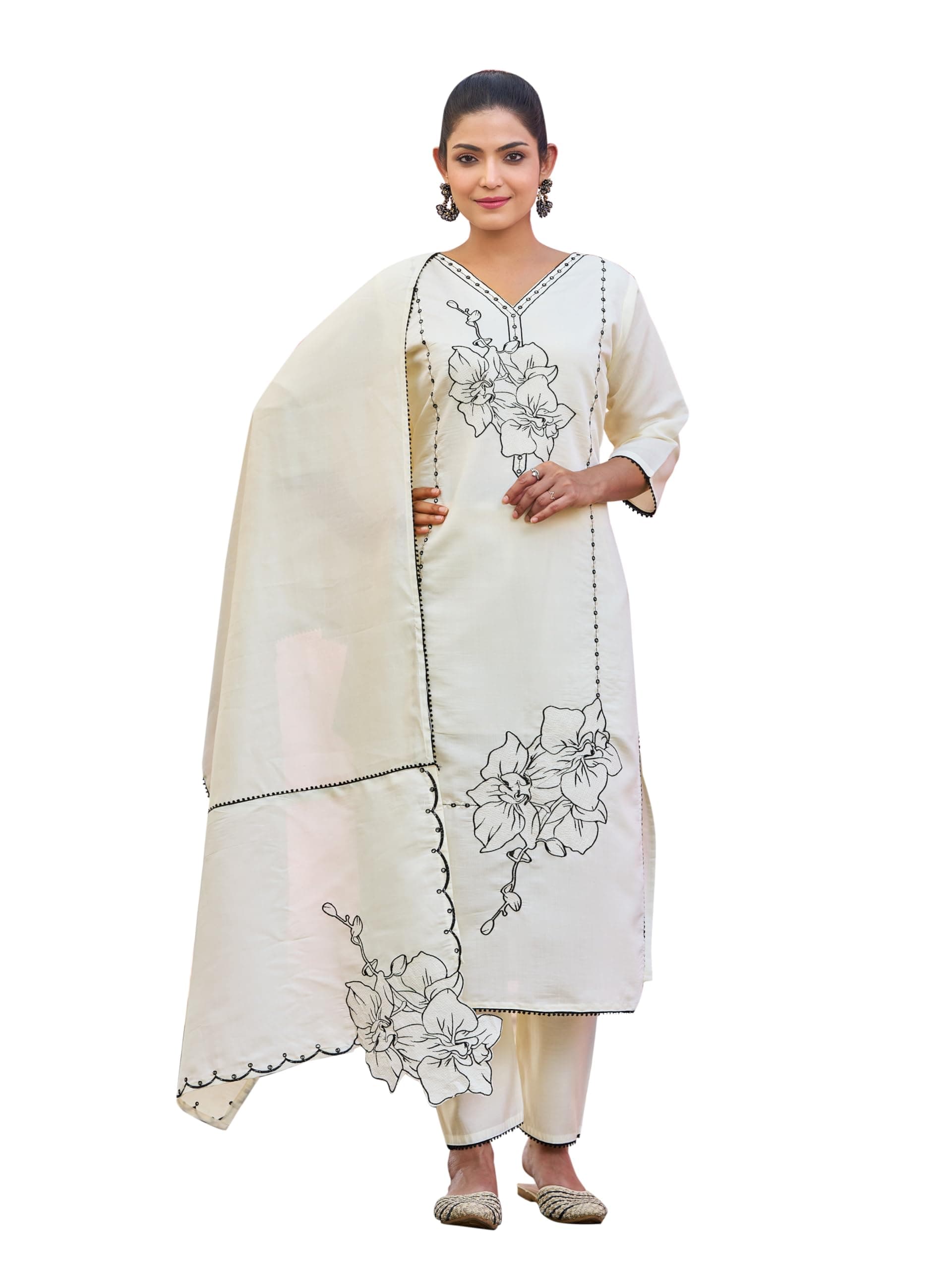 SWORNOF Kurta Set for Women with Dupatta | Premium Cotton Blend Solid Kurta Set for Women with Dupatta | Thready Work | Soft and Skin Friendly | Kurta Pant Set