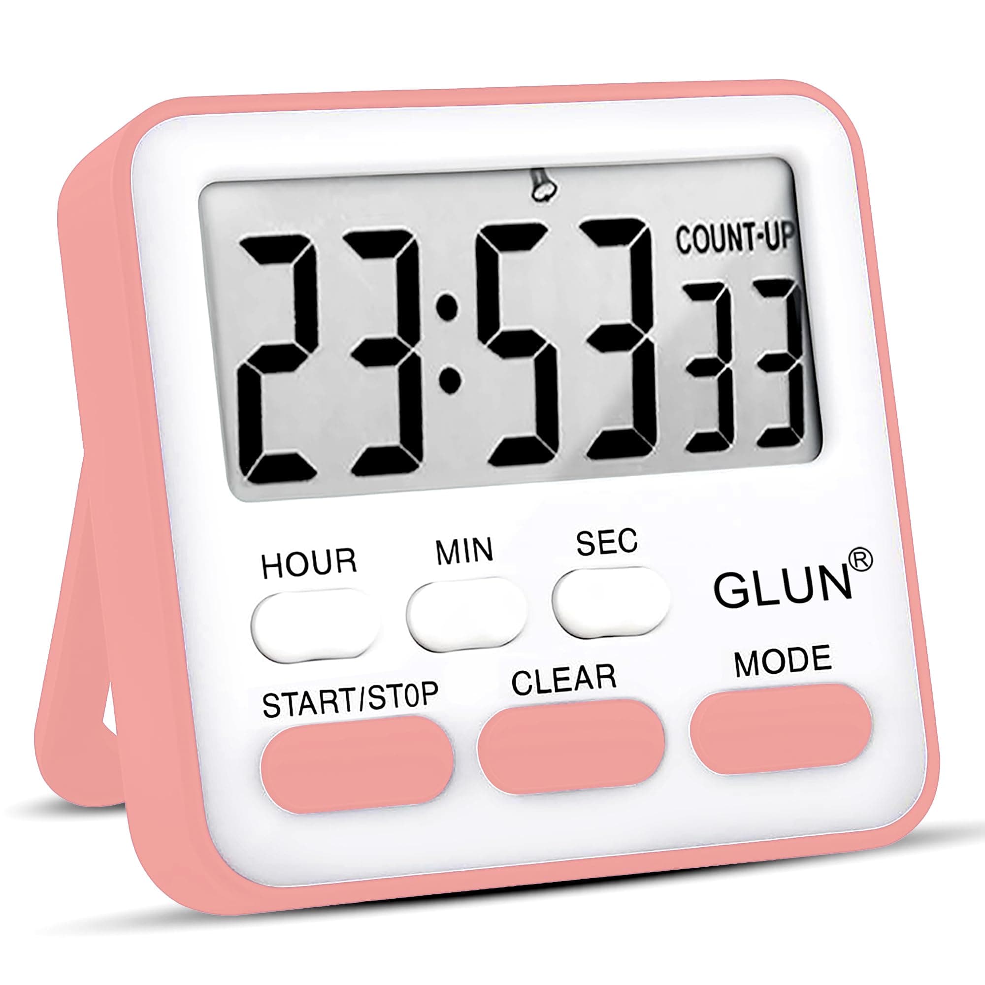 GLUN® Digital Multi-Function Timer Clock | Magnetic Back, Loud Alarm, Large LCD Display | Countdown, Stopwatch, Stand & Hanging Hole for Kitchen & Study (Pink)