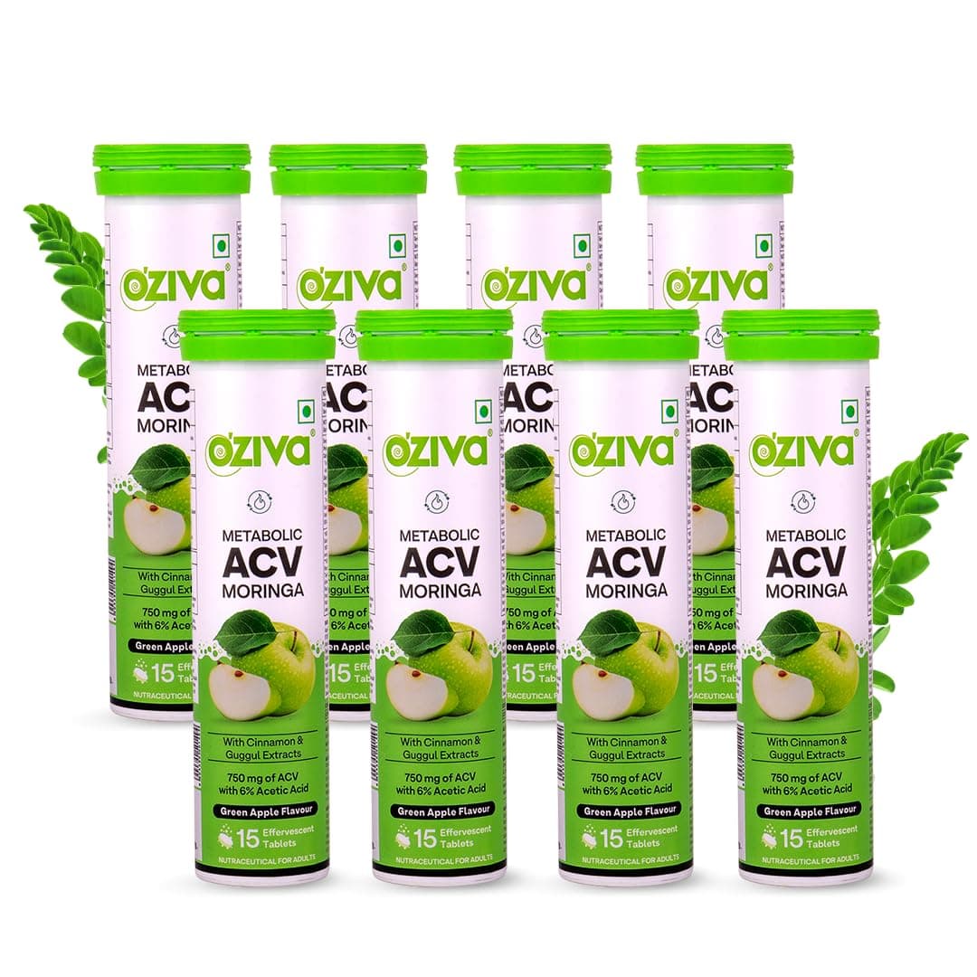 OZiva ACV Moringa | Control Cravings I Apple Cider Vinegar, Cinnamon, Guggul I No Maltodextrin & No Added Sugar I 15 Effervescent Tablets - Green Apple, Pack of 8 (120 Tablets)