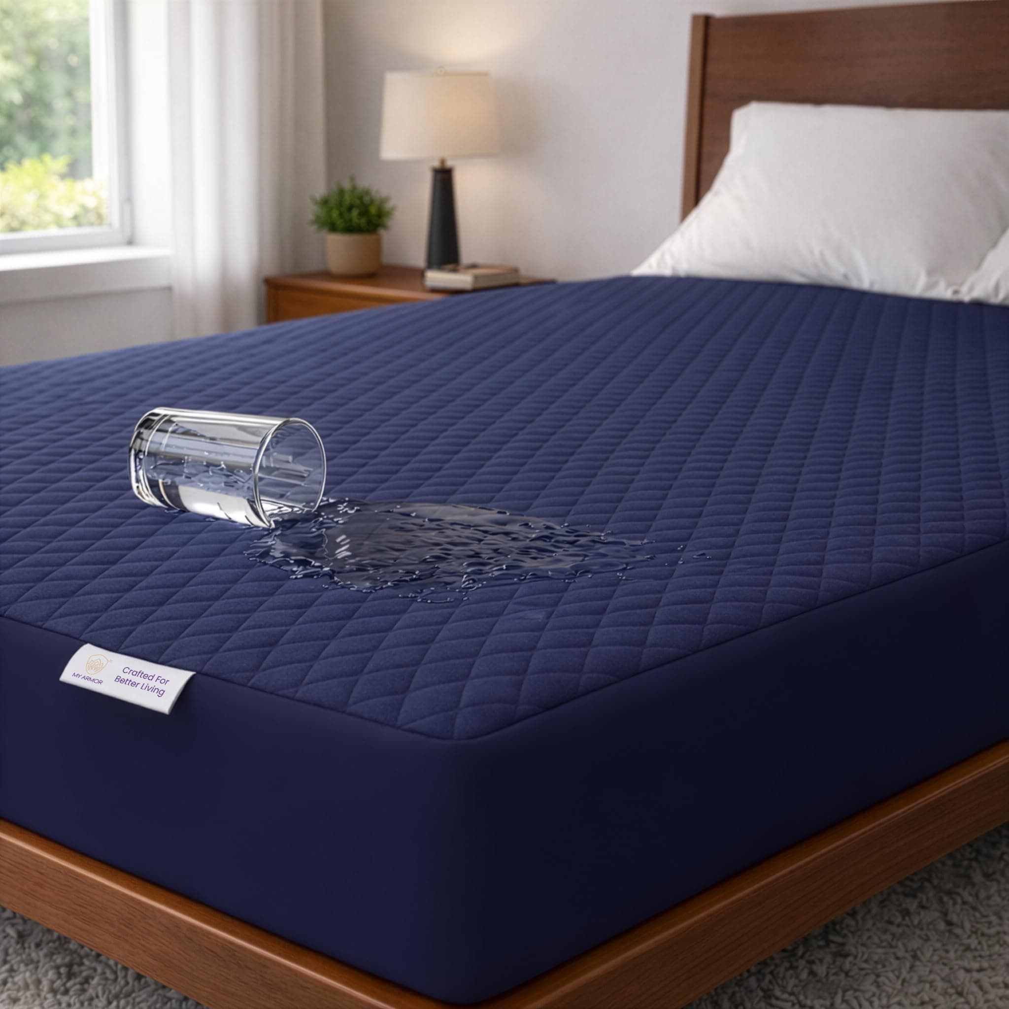 MY ARMOR Mattress Protector | Waterproof Twin Cotton Quilted Fitted 75x60 Inch – Breathable, Noiseless, Ultra Soft Bed Protector Queen Size with Elastic Skirting (6.25x5 ft, Queen) – Navy Blue