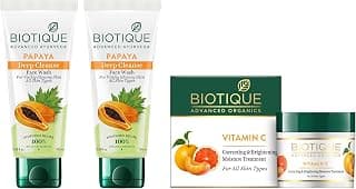 Biotique Papaya Deep Cleanse Face Wash For Visibly Glowing Skin All Skin Types 2x100ml & Biotique Vitamin C Correcting and Brightening Non Greasy Face Cream for All Skin Types, 50g