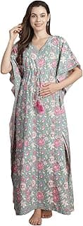 Secret Wish Light Green Floral Cotton Maternity & Feeding Kaftan for Women | Loose Fit Nursing Nighty with Zipper | Calf Length Pregnancy Night Dress for New Moms