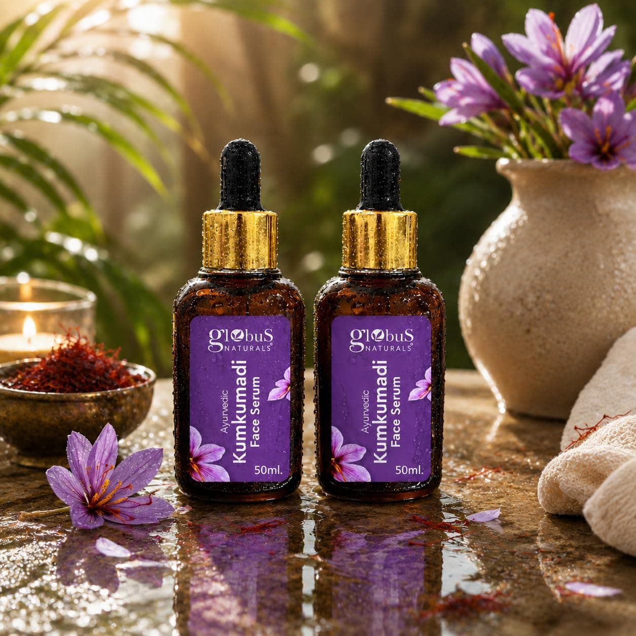 Globus Naturals Ayurvedic Kumkumadi Skin Lightening Face Serum, Enriched with Walnut & Lotus Extract, Chemical Free, Cruelty Free, Suitable For All Skin Types, 50 ml (Pack Of 2)