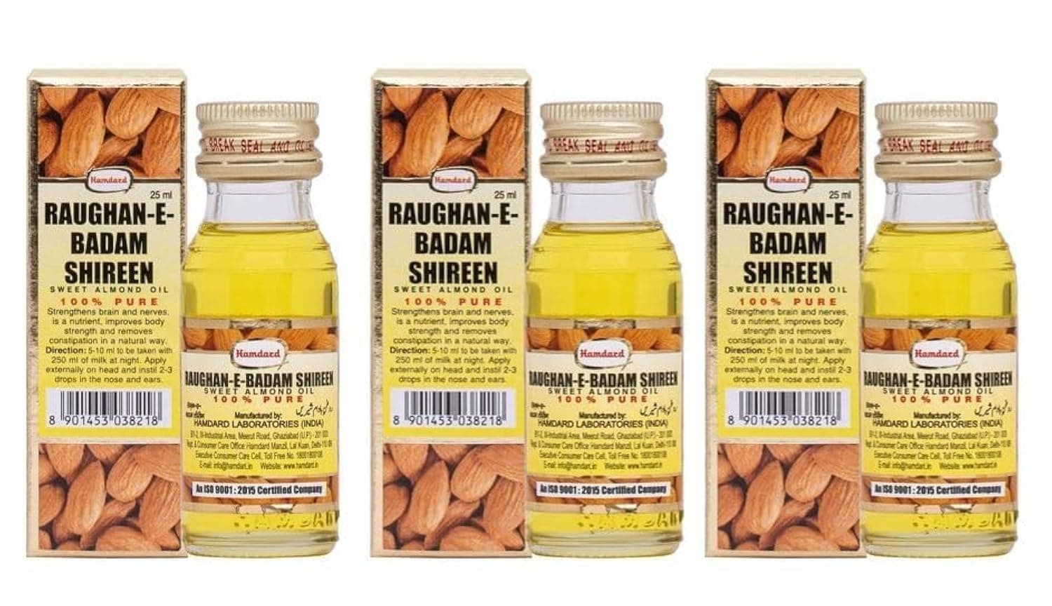 Hamdard RAUGHAN-E-BADAM SHIREEN Sweet Almond Oil for Body, Skin & Hair | 25ml | Natural Almond Oil | Helps Enhance Memory | Helps Relieve Constipation | Helps Build Stronger Muscles | Pack of 3