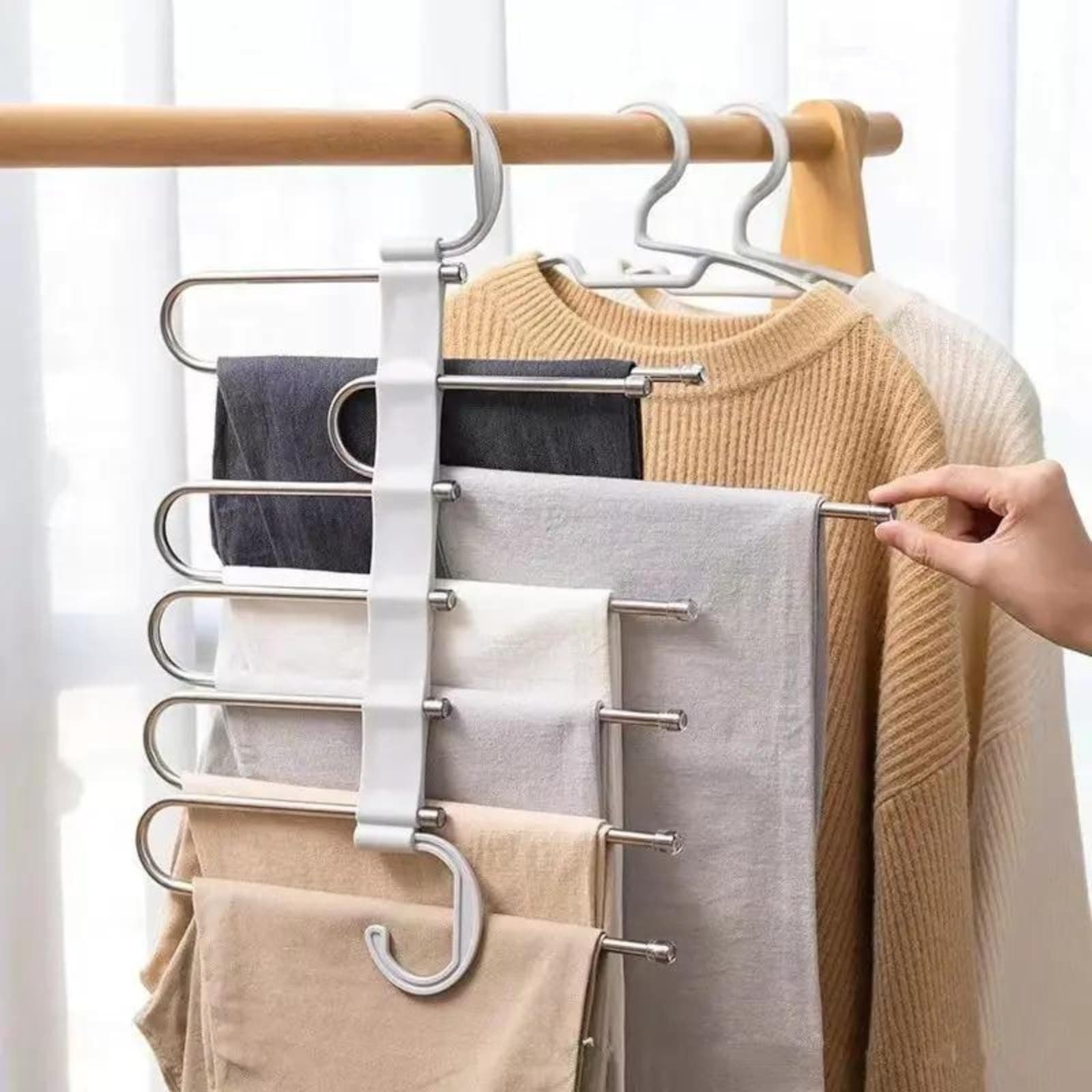 TASMAX 5-in-1 Multipurpose Pant Hangers for Wardrobe | Space-Saving Trouser & Leggings Organizer | Saree Hanger for Closet Storage & Wardrobe Organization (Pack of 4)