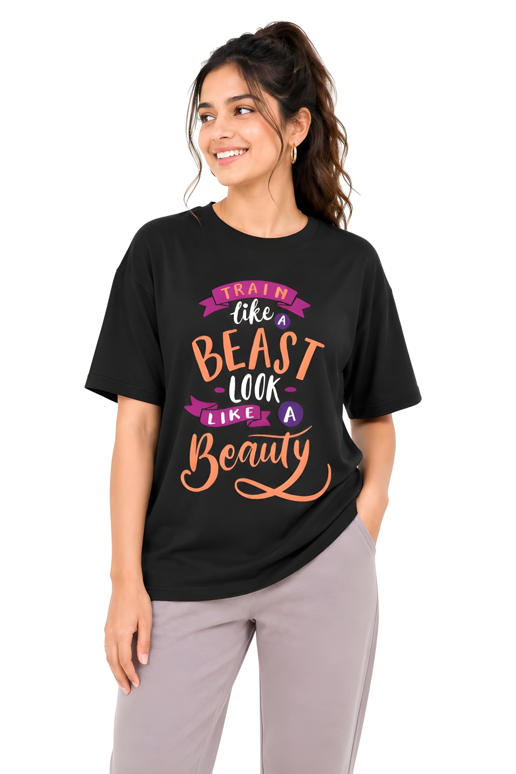 Amazon Brand - Anarva Women Oversized Graphic Printed T Shirt 100% Cotton Drop Shoulder Loose Fit Baggy Casual Tshirt for Girls