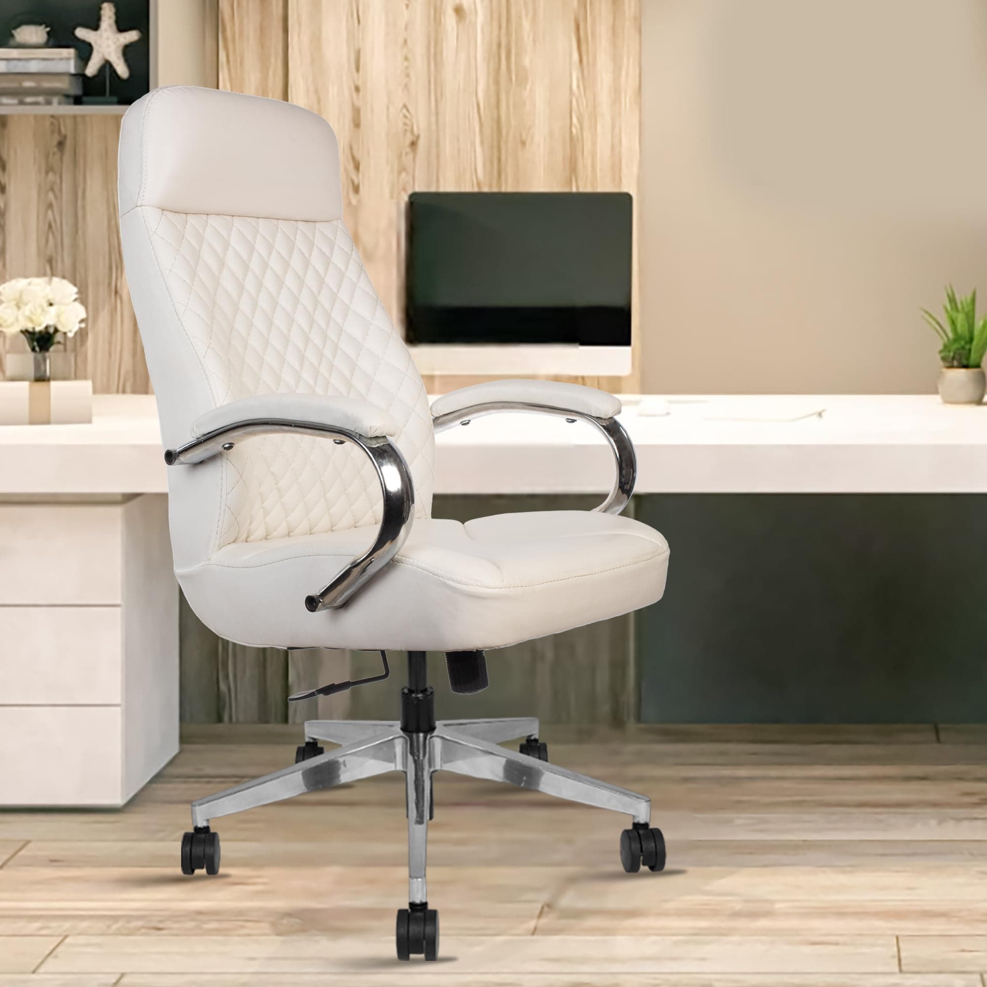 ROSE® Big Bucket Leatherette Executive High Back | Midback Revolving Office Chair with Color Options | Integrated Lumbar Support with Comfortable Seating | 3 Year Warranty (White, High Back)