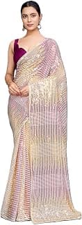 PristiveFashionHub Women's Sequins Georgette Fancy Saree With Blouse Piece