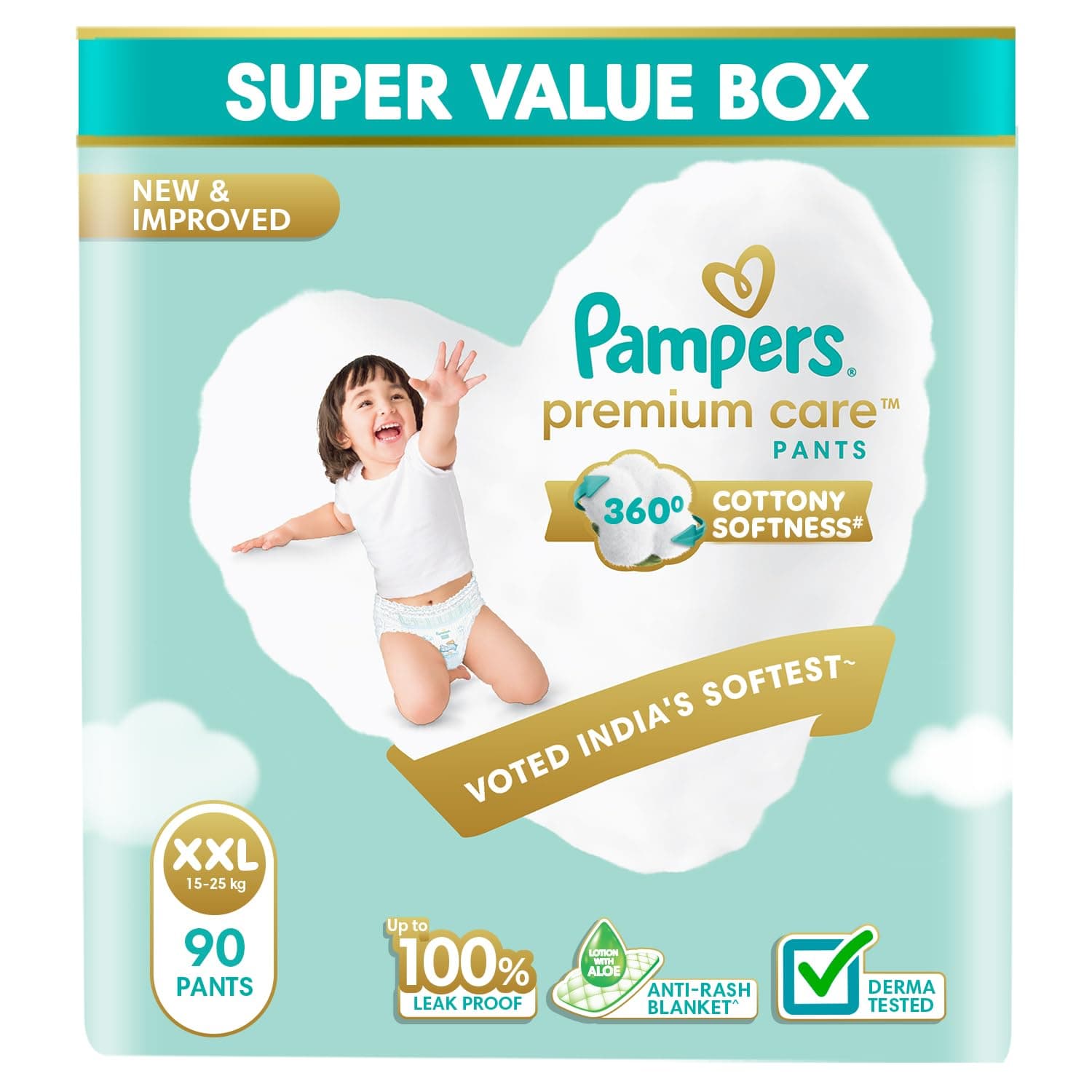 Pampers Premium Care Pant Style Baby Diapers XXL 90 Count | No Marks Design | Voted India’s #1 Softest Diaper | All in 1 diaper with 360 Cottony Softness