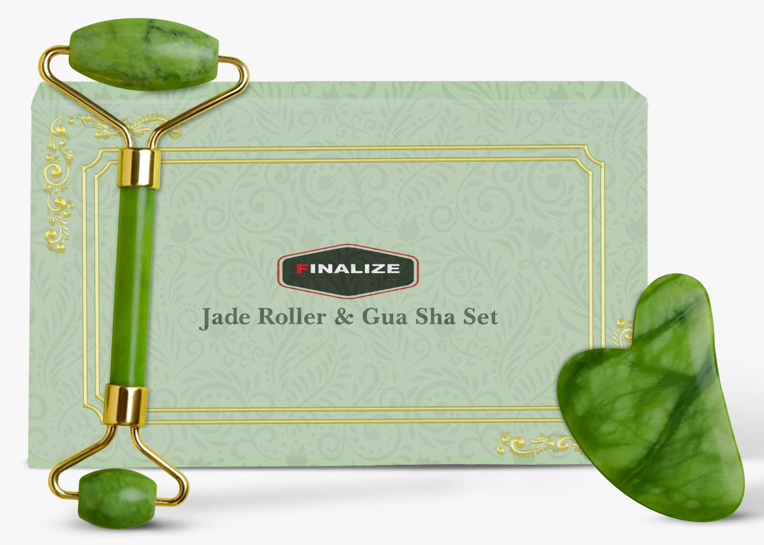Finalize Face Massager Roller Massager Roller And Anti Aging 100% Natural Stone Jade Roller With Gau Sha Stone Facial Massager Soothing Firming Skin - (GREEN STONE,)