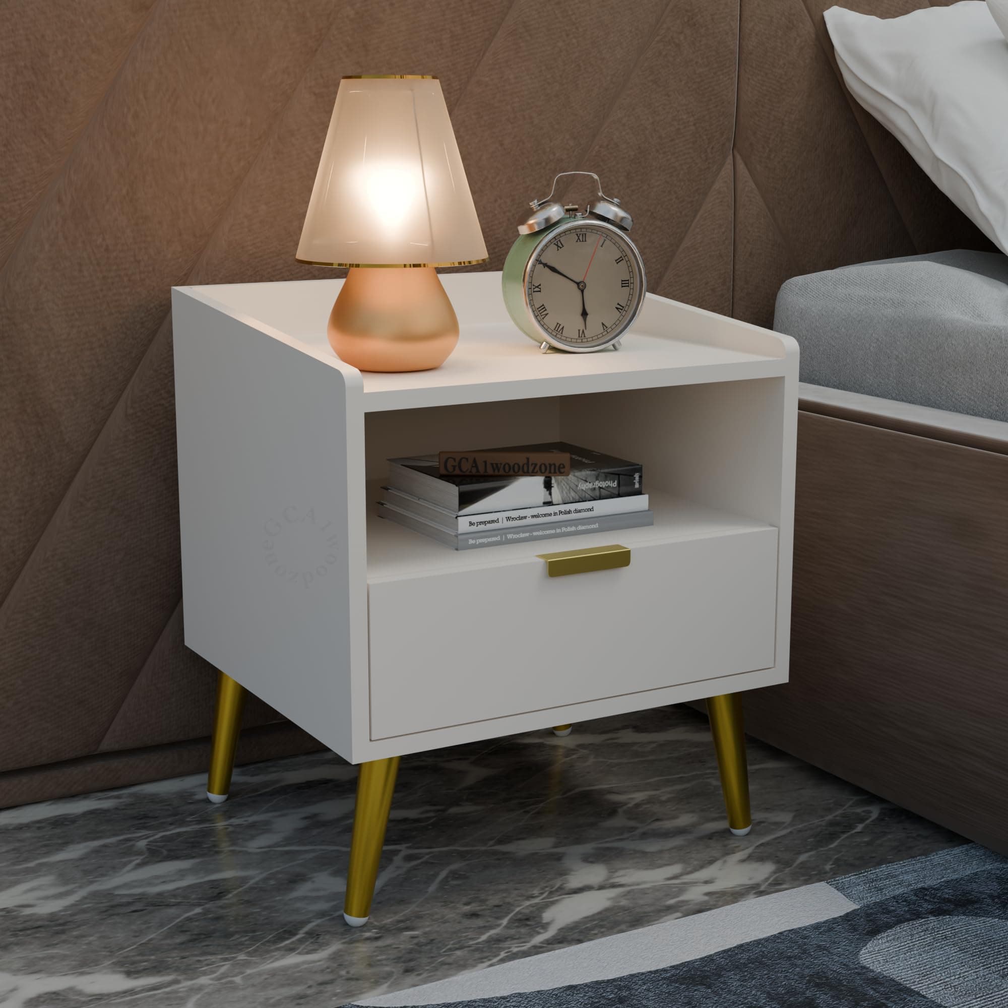 GCA1 WOODZONE Wooden Bedside Table for Bedroom | Wooden Bed Side Nightstand Lamp Table with 1 Drawers & Open Shelf Storage for Home & Hotels | HDMR Premium Wood & Iron Legs, White