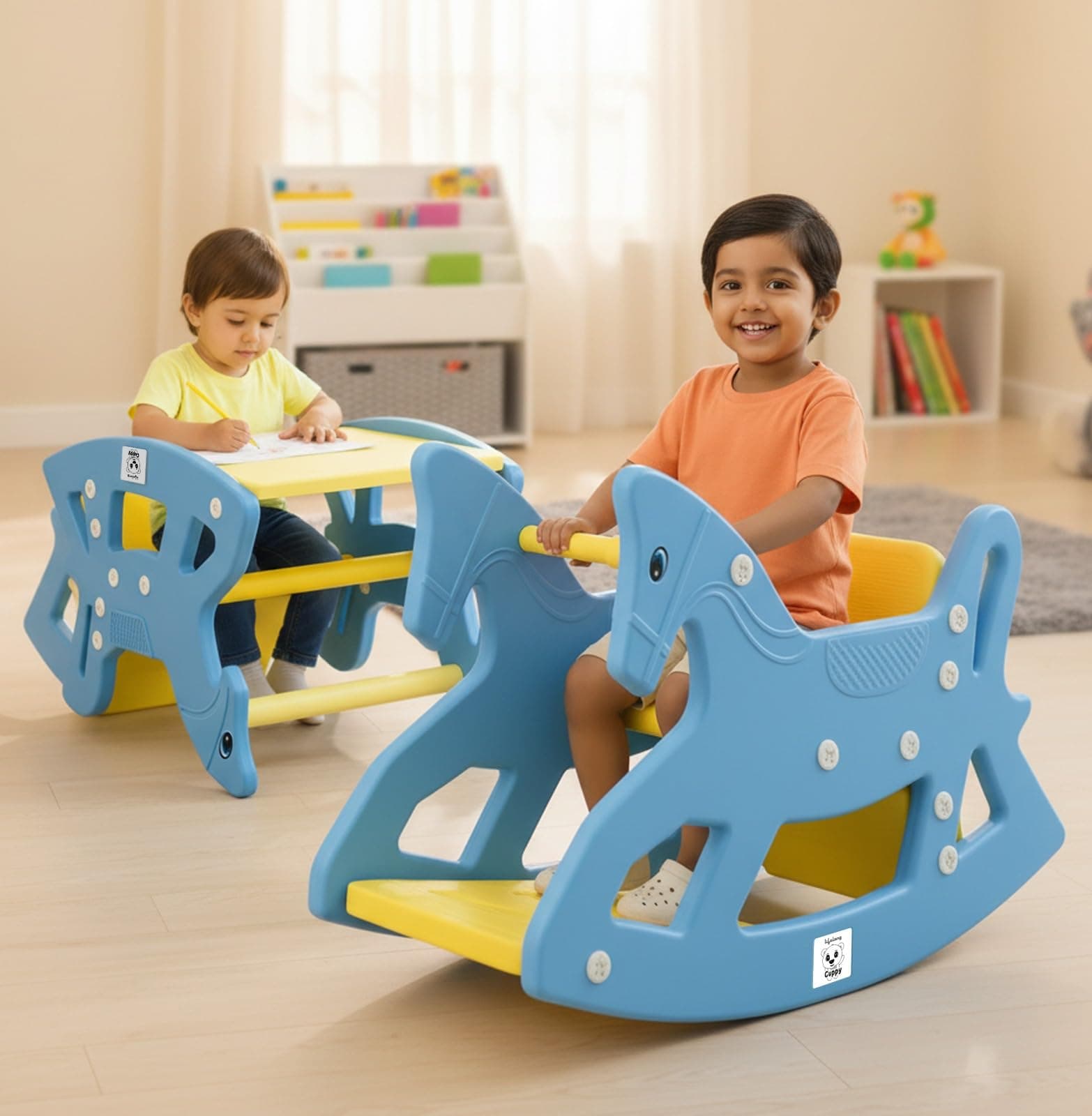 Lifelong 2-in-1 Rocker & Table | Convertible Rocking Horse & Study Table | Sturdy Plastic Ride-On Horse with Backrest | BIS Certified Indoor Outdoor Toy Rider for Kids Aged 1-5 Yrs (LLCRK01)