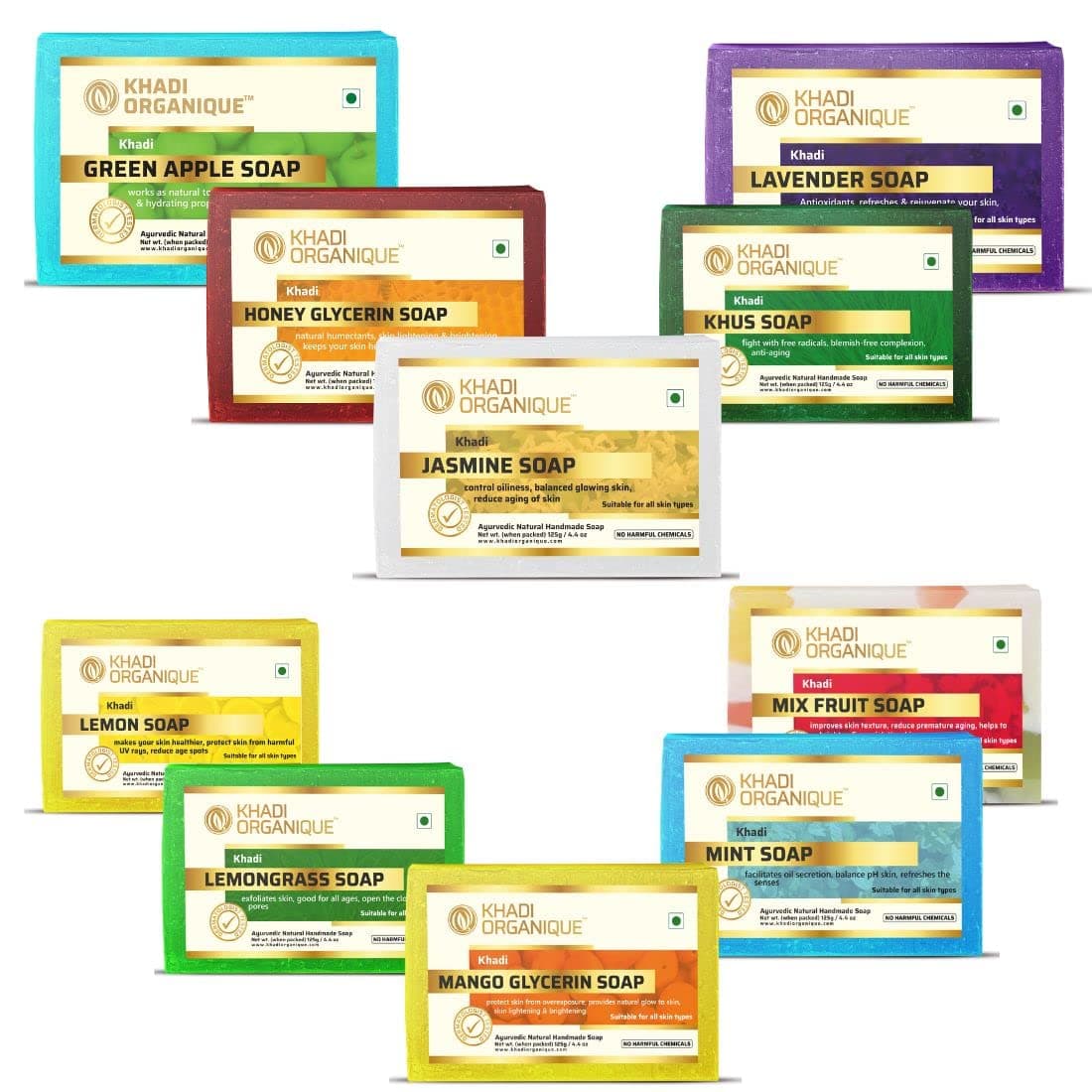 Khadi Organique Herbal Handmade Soap with Pack of 10 – Natural, Refreshing & Moisturizing Bars for Face & Body, Assorted Bars for Soft, Nourished & Dirt-Free Skin