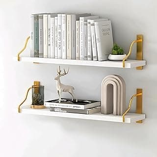 OXMIC Floating Wall Shelves with Metal Brackets, Wall Mounted Shelves, Wall Shelf, Wall Shelf for Bedroom, Book Shelf for Wall, 20 x 5.5 x 6 inch, Set of 2 (White - Golden)