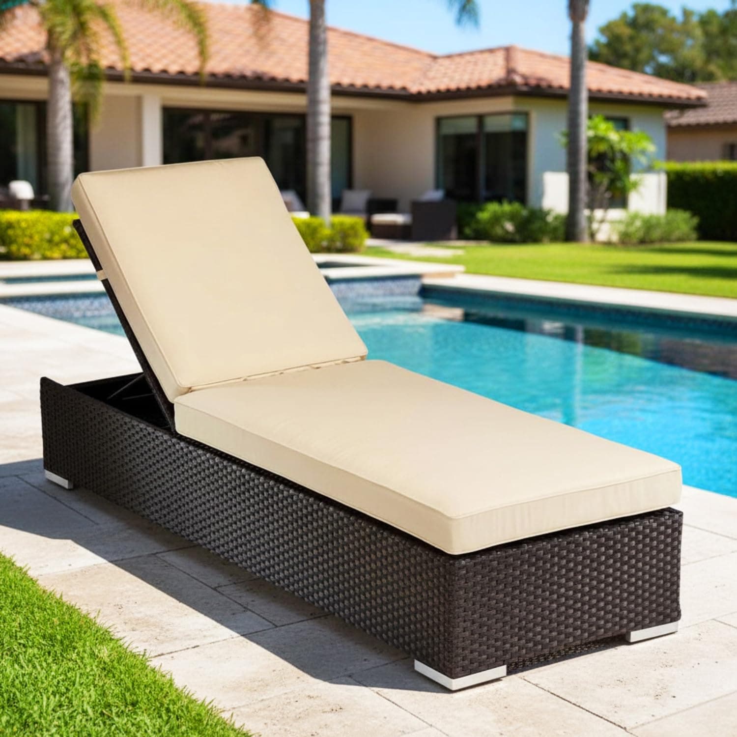 DEVOKO Outdoor Rattan Wicker Sun Lounger Recliner for All Weather Comfort with Durable Metal Frame Ideal for Garden, Deck, Lawn, Poolside (Dark Brown & Cream)