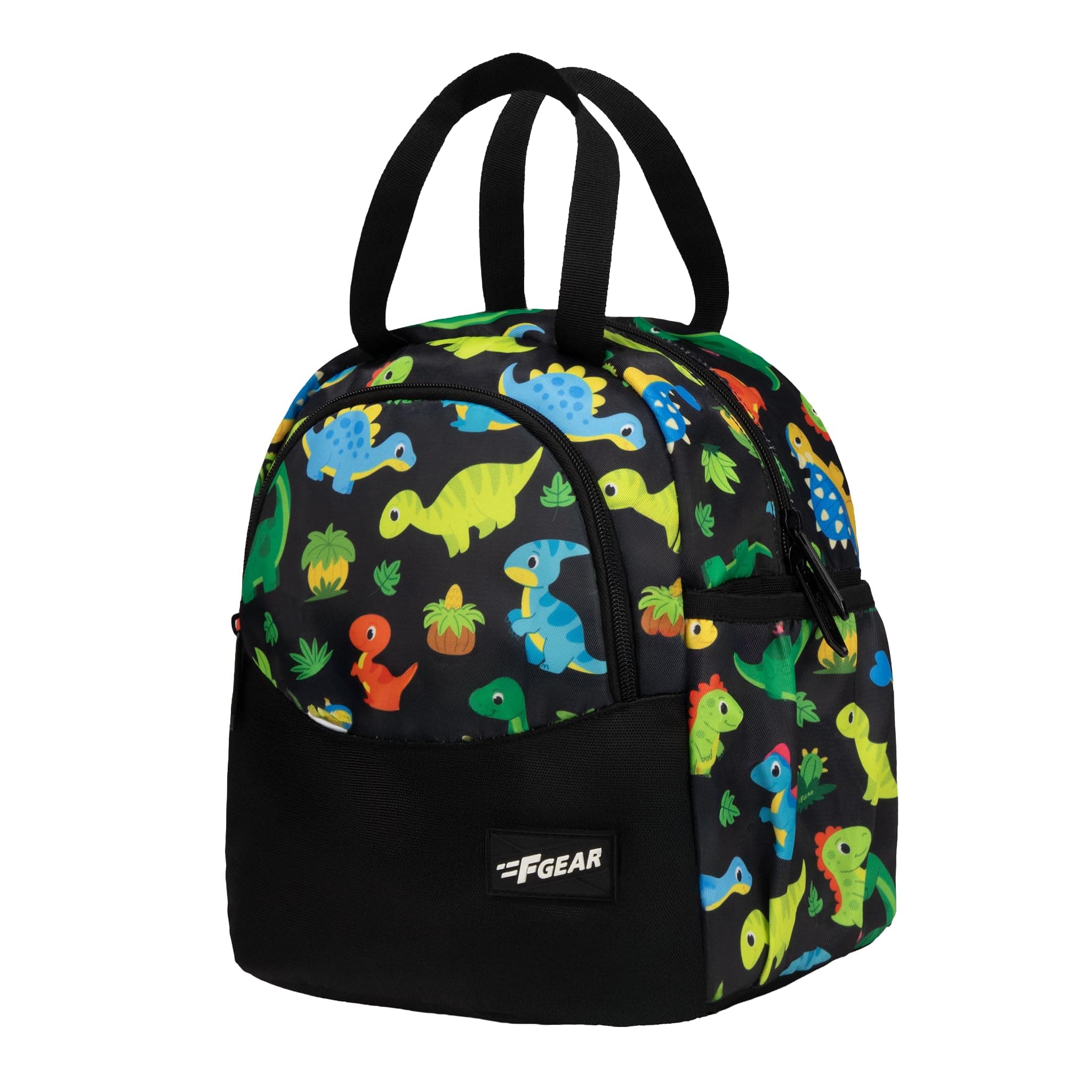 F Gear Cibo Black Colourful Dino 9L Kids Lunch Bag for School|2 Spacious Compartment with Bottle Holder|Lightweight & Durable|Colourful & Fun Dino Print|Lunch Bag for School, Travel & Picnic