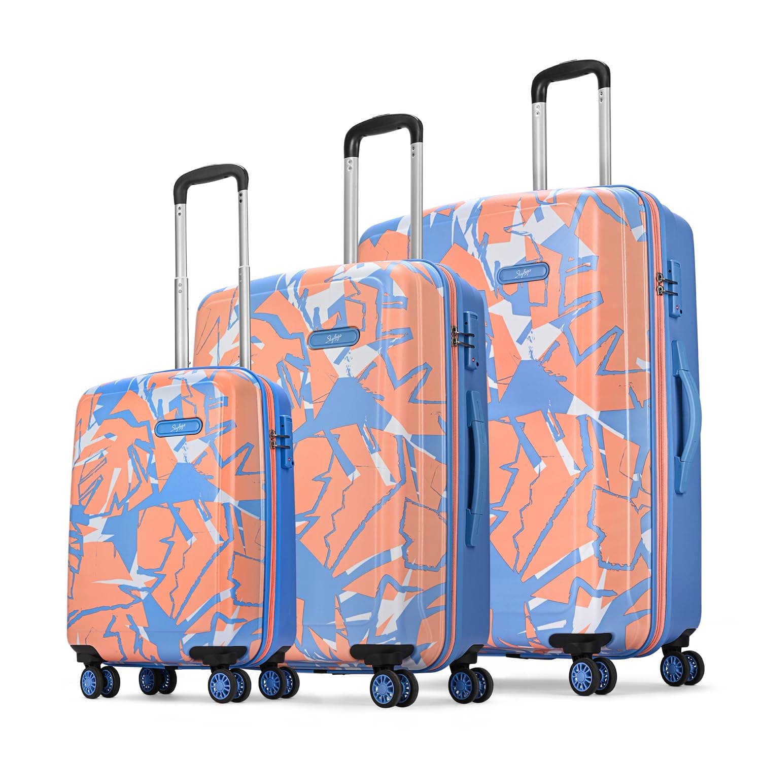 Skybags Lush Set of 3 Printed Trolley Bags, Small, Medium & Large, Lightweight Polycarbonate Case Luggage with 8 Wheels, TSA Lock, Travel-Friendly, 5-Yr International Warranty, Pink-Blue