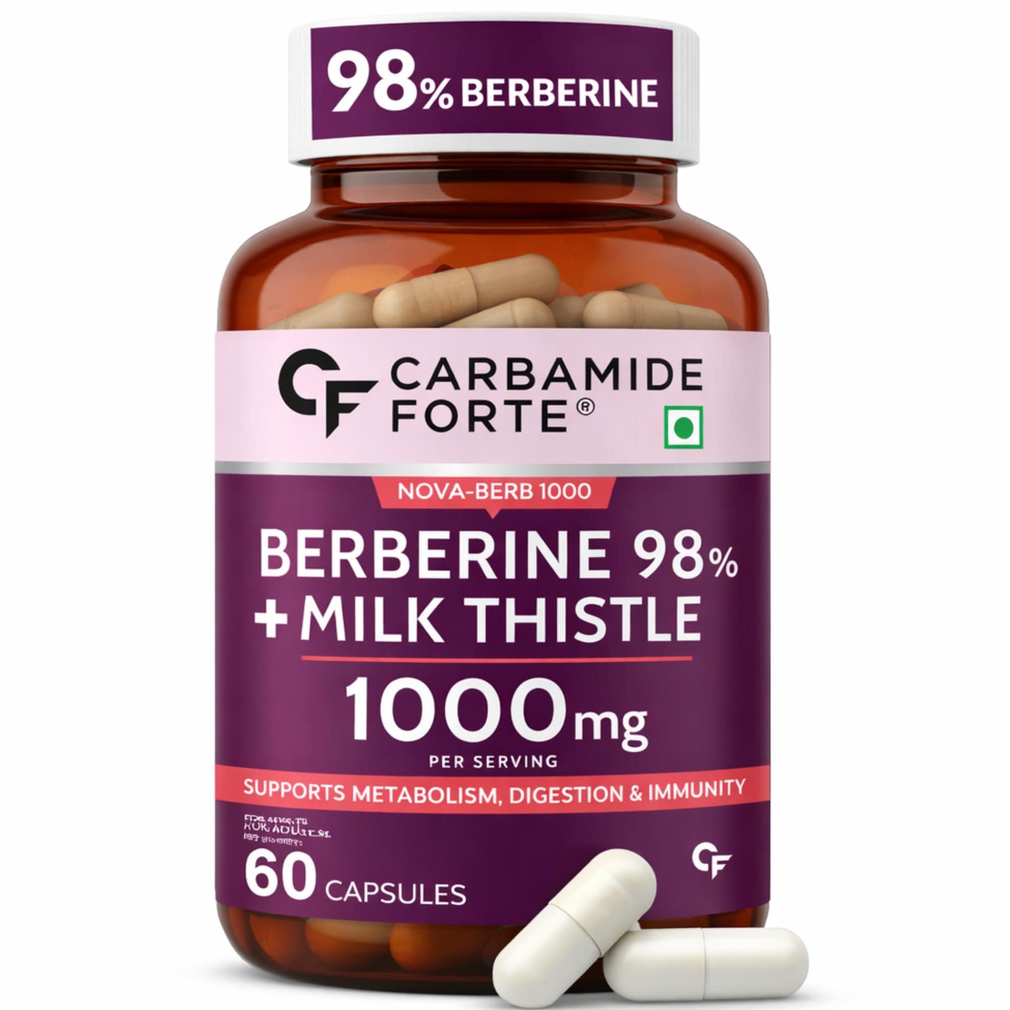 Carbamide Forte 98% Berberine supplements with Milk Thistle | 1000mg Berberine HCl per Serving for Metabolism, Digestion, Liver Detox & Immunity Support | High Potency Berberine HCl – 60 Veg Capsules