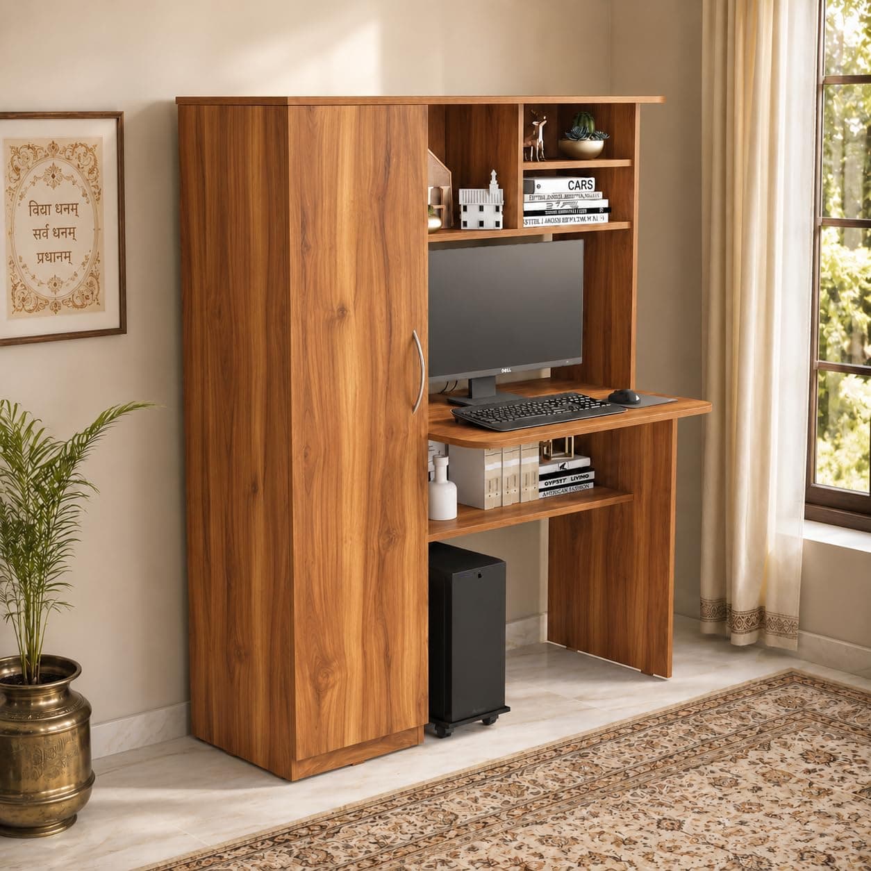 Studio Kook Noble Study and Computer Table with Storage, Amber Walnut | Space-saving engineered wood desk with enclosed cabinet, open shelves and overhead storage. Ideal for study or computer use.