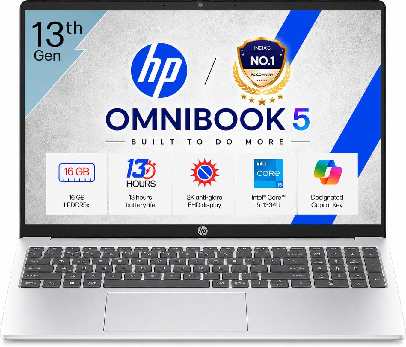 HP OmniBook 5 (Previously Pavilion) Intel 13th Gen Core i5 1334U (16GB LPDDR5X,512GB SSD) 2K,IPS, 300nits, 16''/40.6cm, Win11,M365 Basic(1yr),Office Home24, Silver,1.79kg, Camera w/Shutter, ba1008TU
