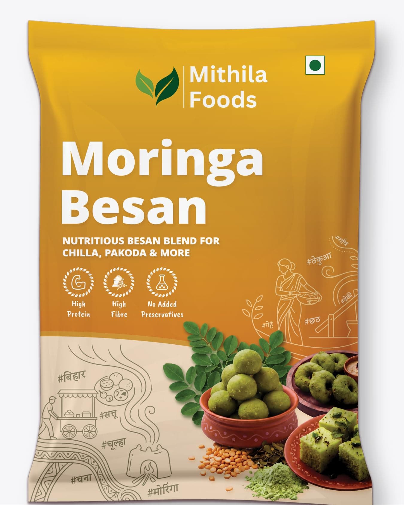 MITHILA FOODS Moringa Besan 1 Kg | Chana Dal Gram Flour + Moringa Leaf Powder | High Protein & Fibre, Nutrients, Naturally Gluten-Free| For Pakora, Chilla, Kadhi, Dhokla | Authentic Taste of Jharkhand