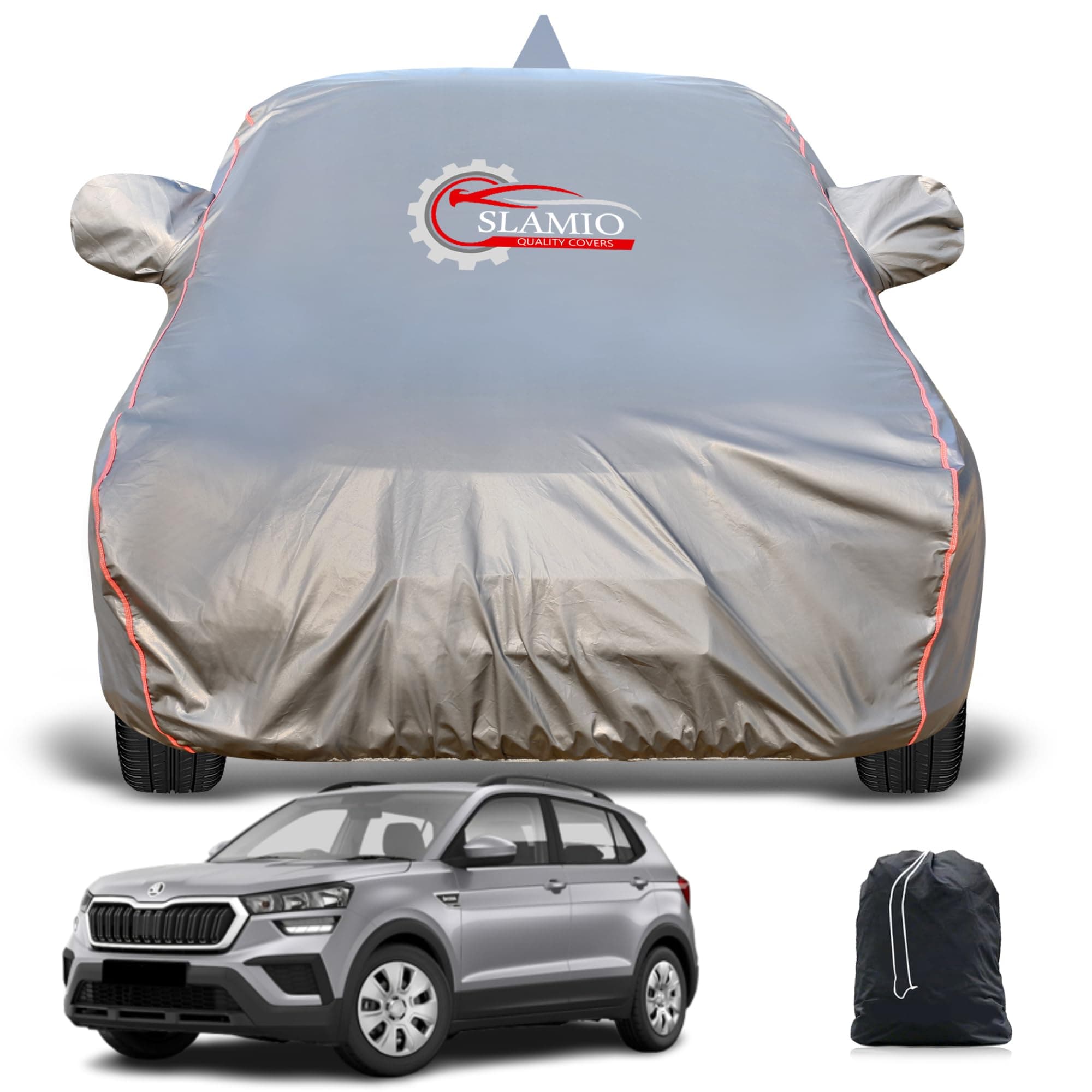 Slamio Heavy-Duty Car Body Cover for Skoda Kushaq (2021-2026) | Waterproof, Dustproof, UV Protection, Custom Fit, Heavy Belt & Buckle with Mirror & Antenna Pocket | Dark Grey