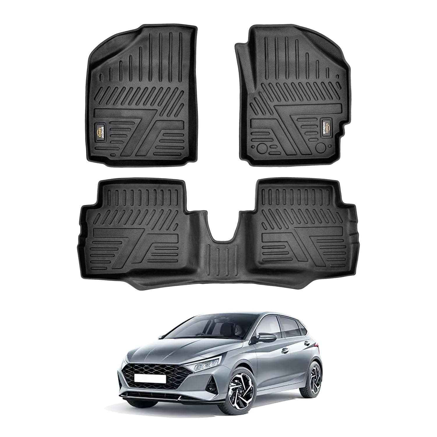 Amazon Basics 5D Custom Fit Car Floor Mats for Hyundai i20 | Odor Free Virgin Polymer | All Weather Waterproof Protection | Edge to Edge Coverage | 3 Piece Set
