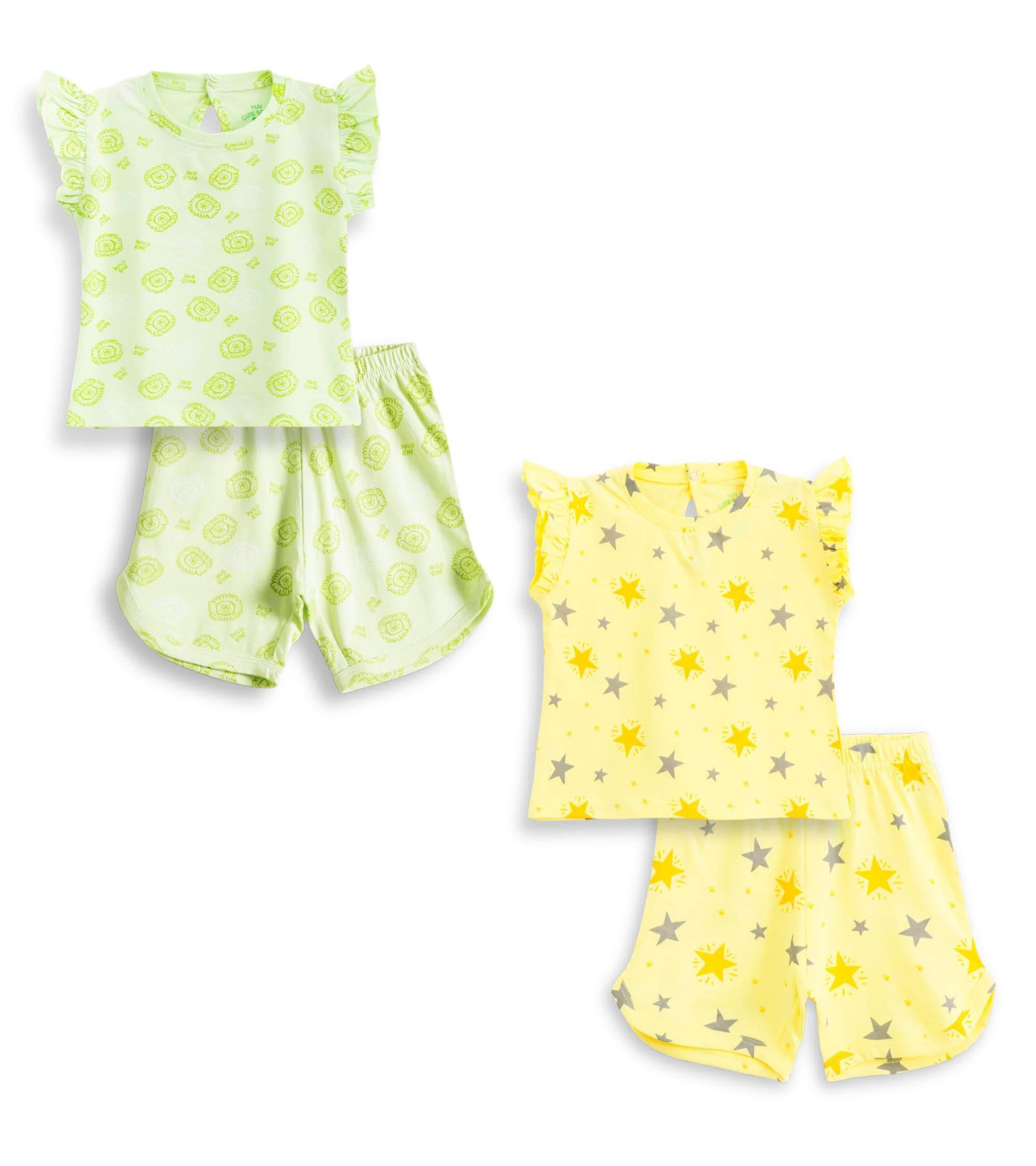YUV Infant Baby Girls 100% Cotton Printed T-Shirt and Shorts Coord Set, Pack of 2-0 to 24 Months