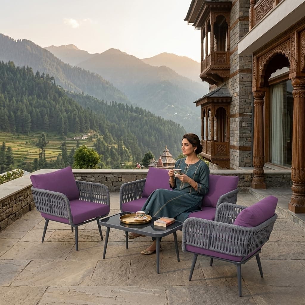 LOCCUS Outdoor 4 Seater Rope Sofa Conversation Set with Comfortable All Weather Water-Resistant Cushions and Glass Top Center Table for Garden,Patio,Poolside (Grey & Purple)