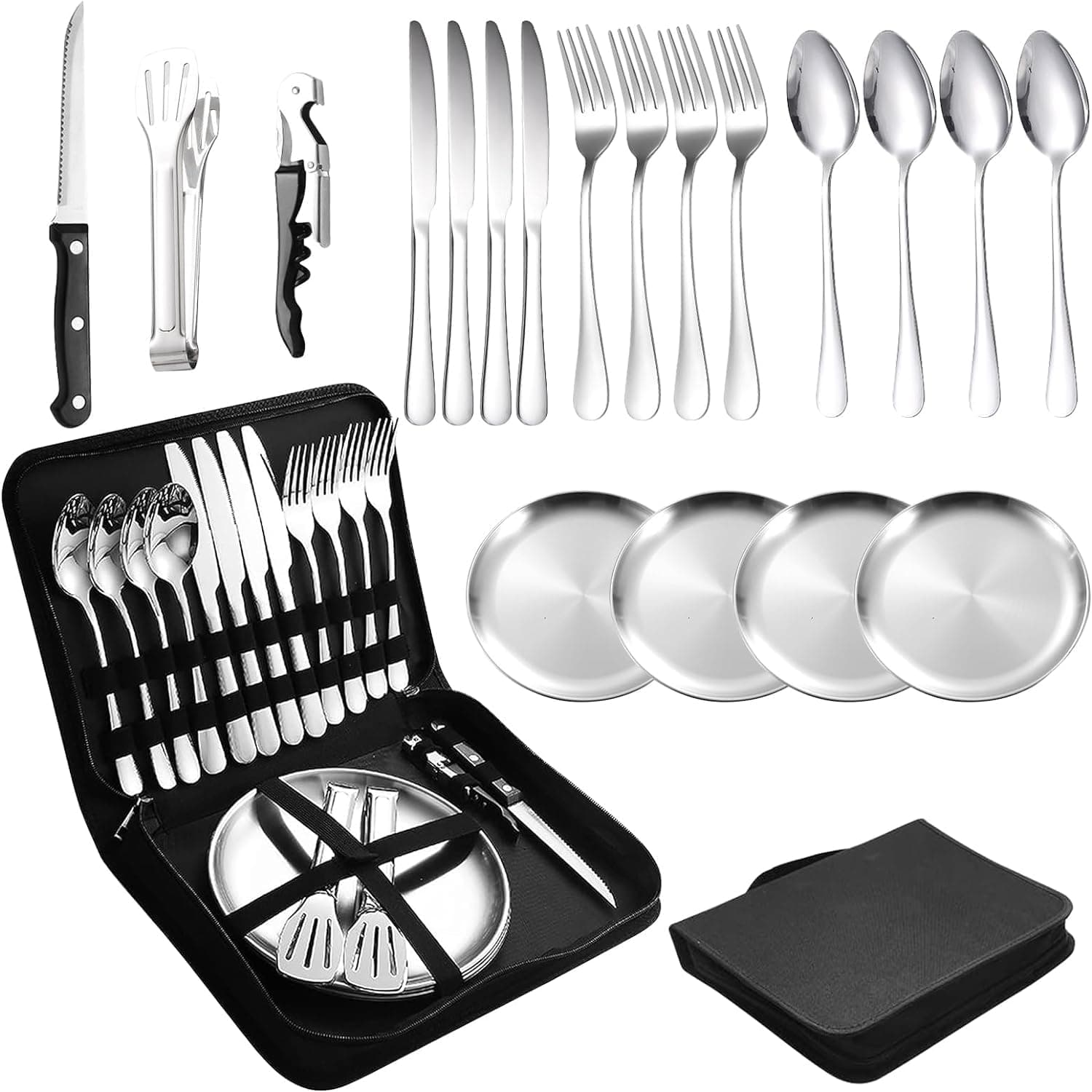 EVVIX Outdoor Tableware Set Tableware Storage Bag Camping Silverware with Case Camping Fork and Spoon Cutlery Kits Cooker Reusable Travel Utensils Stainless Steel Barbecue Portable