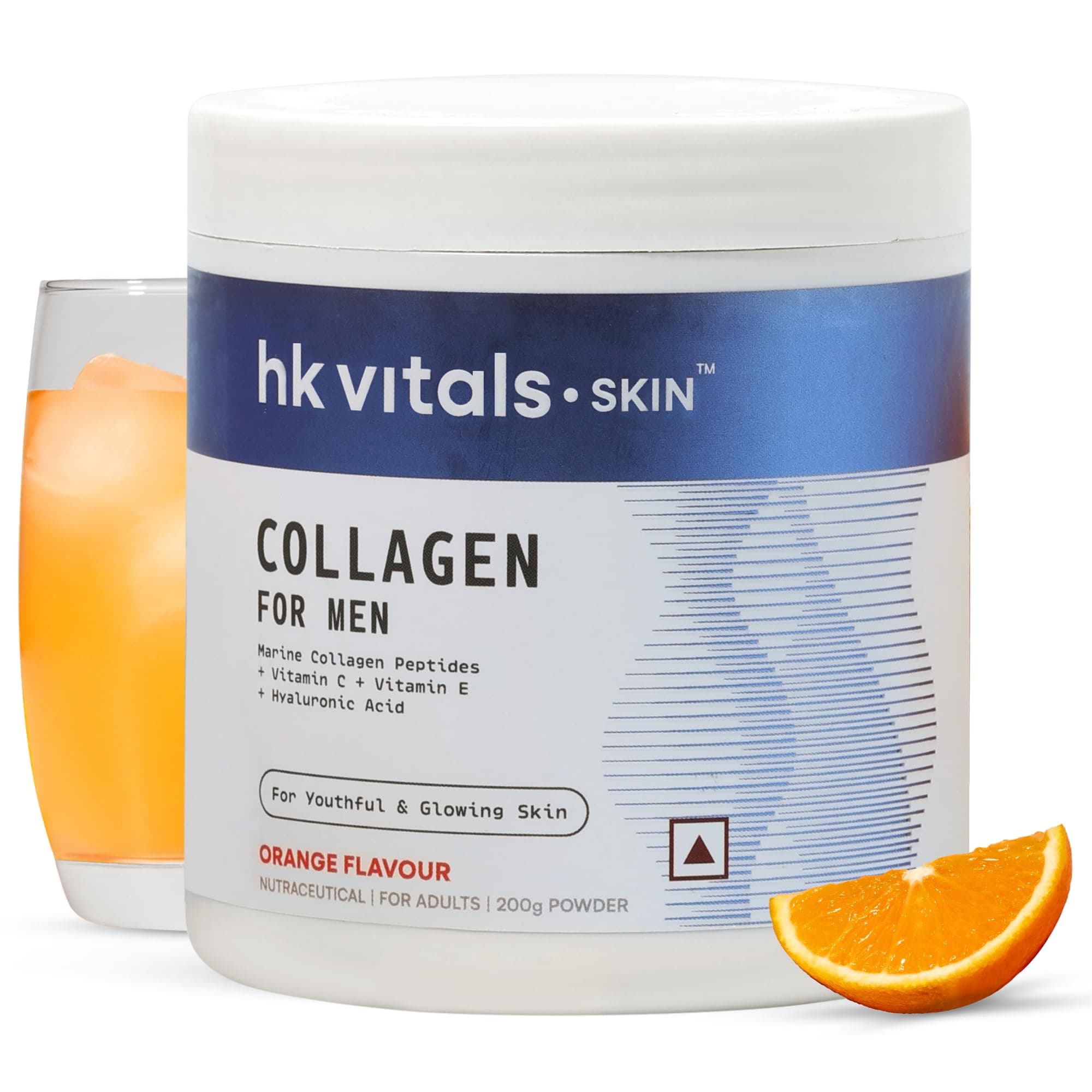 hk vitals Marine Collagen Supplement for Men (Orange, 200g) | Vitamin C, E, Sodium Hyaluronate | For Youthful & Glowing Skin