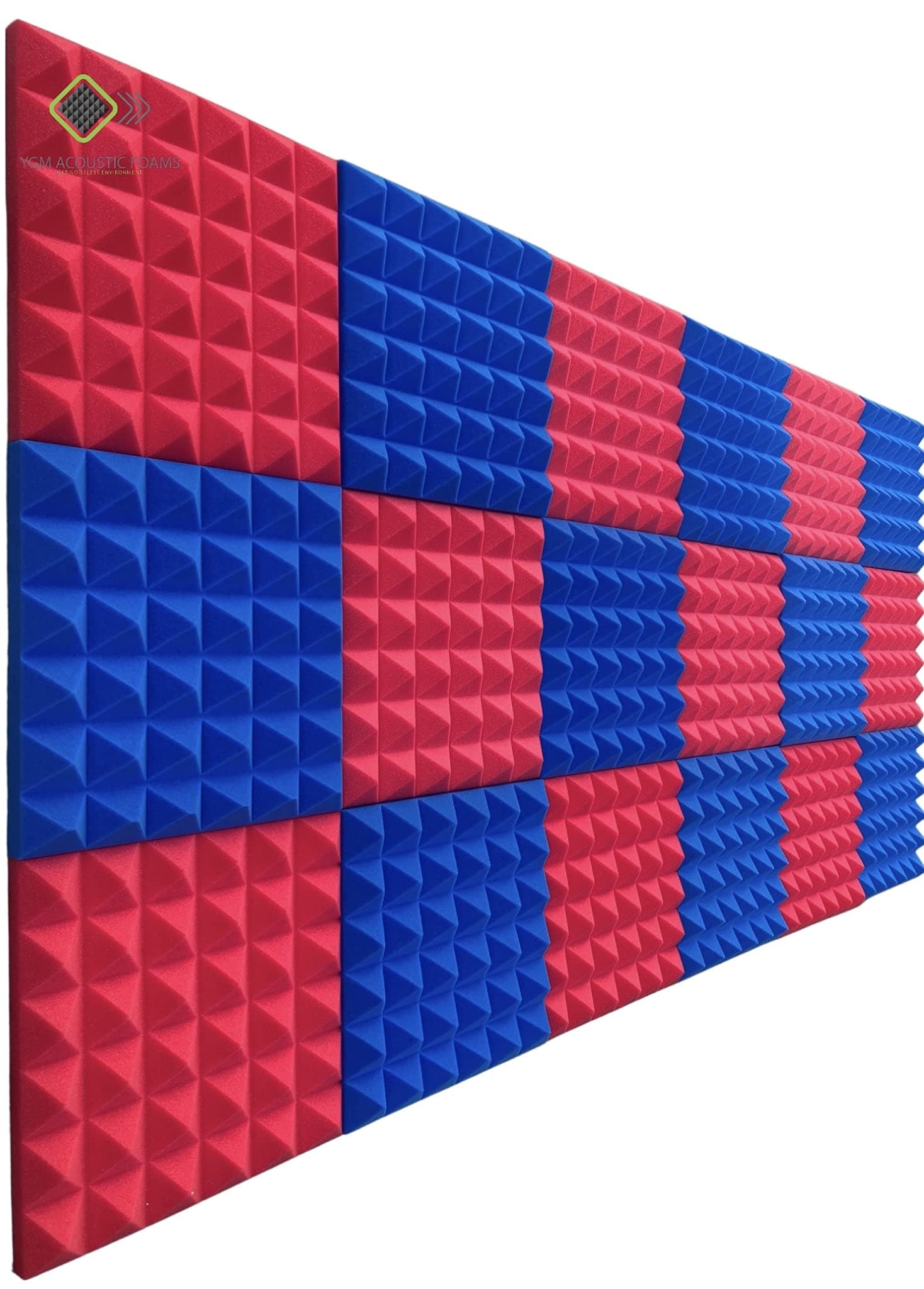 YGM Acoustic Foams® Pyramid Acoustic Set of 18, 12" X 12" X 2", 50 Kg/m³ Density Soundproofing Studio Panels, 3D Structure (Red & Blue)