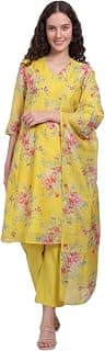 W for Woman Yellow Floral Printed Chanderi Straight Kurta, Pants and Dupatta Set