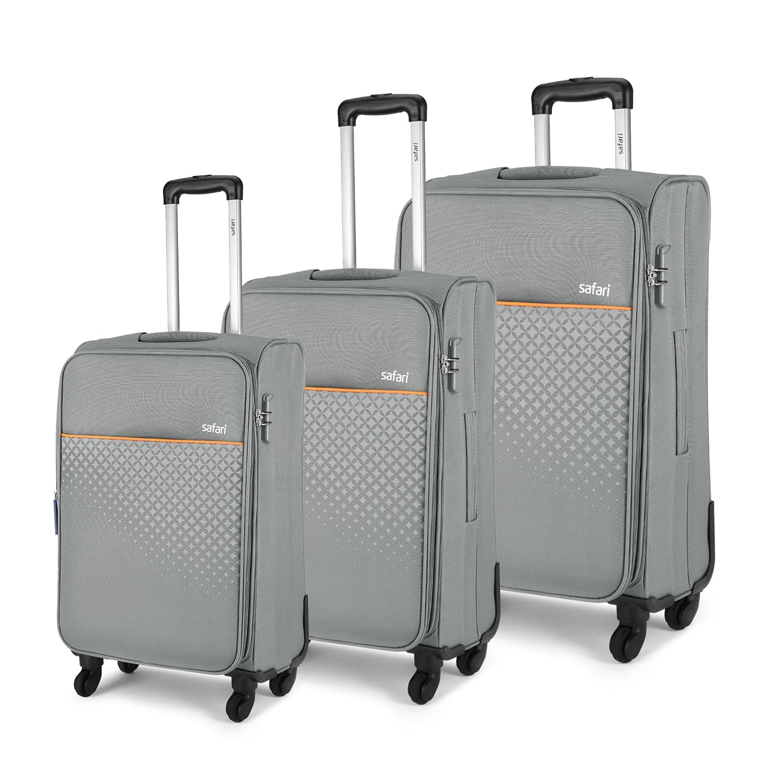 Safari Prisma Neo Set of 3 (Cabin + Medium + Large) Trolley Bags Polyester Expandable Soft Luggage, 4 Wheels 360 Degree Wheeling, Travel Bag, Suitcase for Travel, Trolley Bags for Travel, Grey