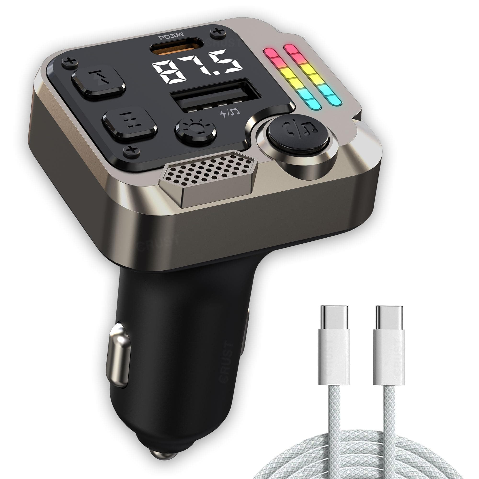 CRUST CS60 Car Bluetooth Receiver Device for Music System, FM Transmitter, Big Mic for Hands-Free Calling, 45W PD/USB Fast Car Charger, BT v5.3, Music-Sync Lights, USB MP3 Playback, Metal Rim Design