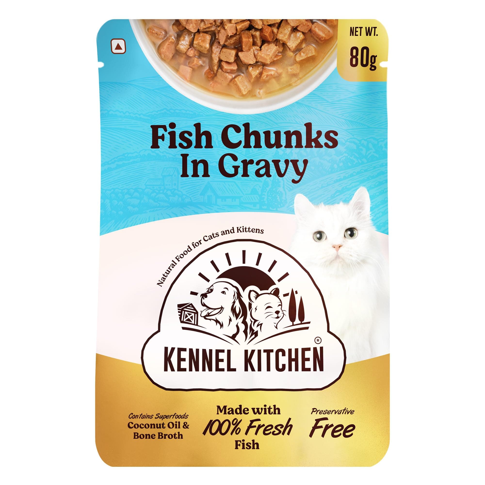Kennel Kitchen Wet Cat Food for Adults and Kittens, Fish Chunks in Gravy, 12 Pouches (12 X 80 GMS)