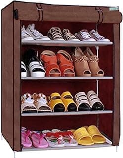 FLIPZON Multipurpose 4-Tiers Shoe Rack with Dustproof Zip Cover, Multiuse Wide Space Storage Rack Made by Non Woven Fabric for Footwear, Toys, Clothes (4 Shelves) (Brown)