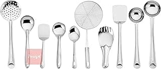 Parage Stainless Steel 10 Pieces Cooking Spoons Set, Contains Ladle, Turner, Strainer, Rice Spoon, Oval Spoon, Serving Spoon, Kitchen Cooking Essential Set for Home, 10 Pcs