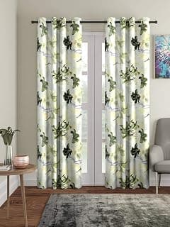 Home Sizzler 2 Pieces 3D Flower Eyelet Polyester Door Curtains - 7 Feet, Green | Semi-Sheer