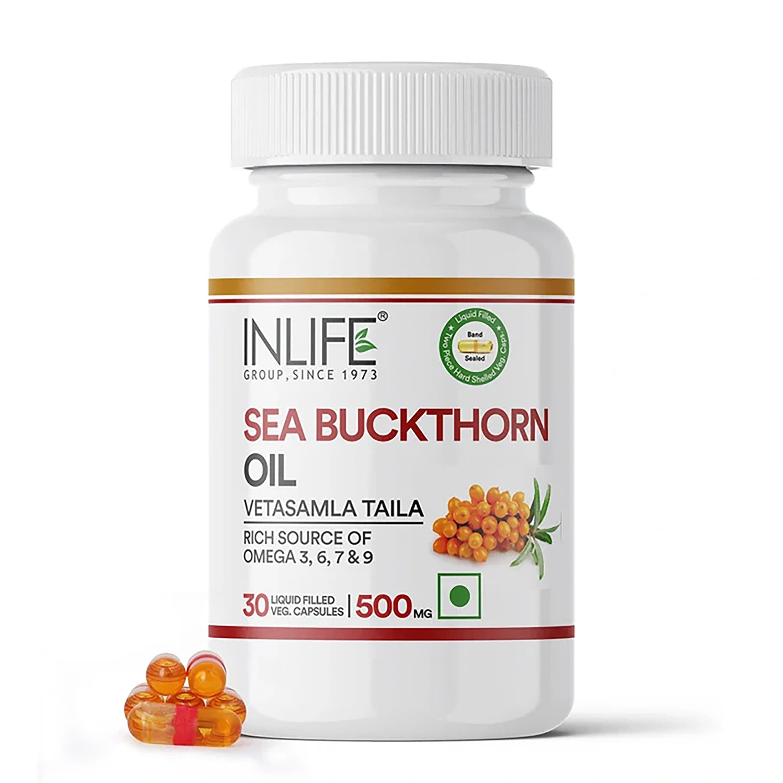 INLIFE Sea Buckthorn Oil Capsules 500mg, Omega 3 6 7 9, 30 Veg Capsules | Includes Rare Omega 7, CO2 Extracted Pure Oil, No Dilution or Carrier Oils, Skin & Hair Support, Vegetarian